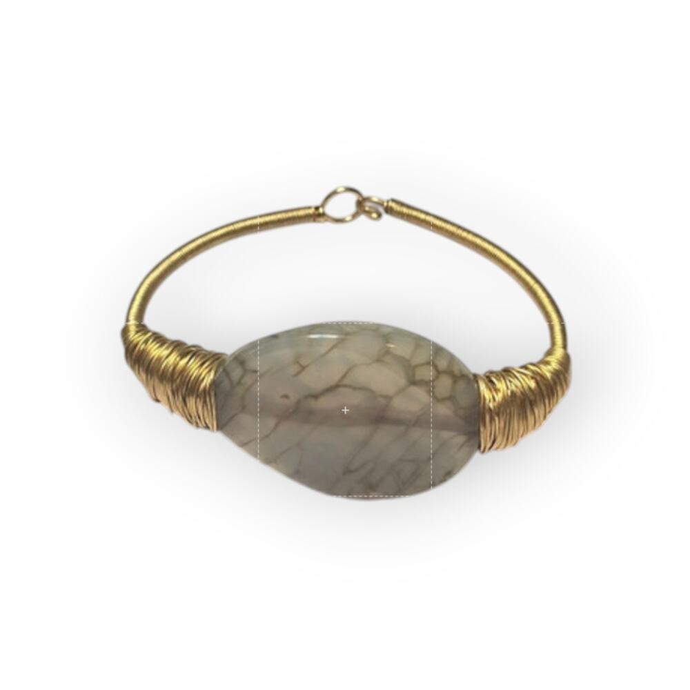 Dragon Vein Agate Wire Wrap Bracelet Gold Tone Artisan Boho Statement Jewelry